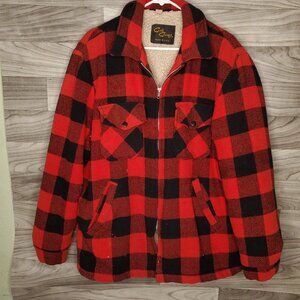 Vintage 70's Cal Craft Jacket Adult Large Red Buffalo Plaid Wool Sherpa Lined